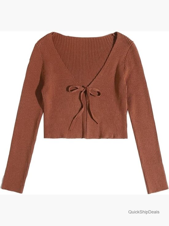 Sweaters - Tie Front Long Sleeve Rib Knit Shrug Sweater Cardigan Crop Top